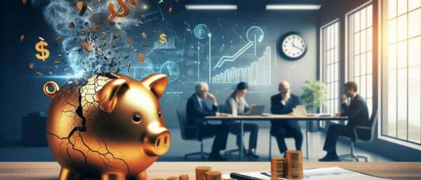 Symbolbild einer zerbrechenden goldenen Sparschweinfigur, die den Verlust von Altersvorsorge durch Insolvenz symbolisiert, während im Hintergrund Geschäftsleute in einem Konferenzraum über Finanzpläne diskutieren.